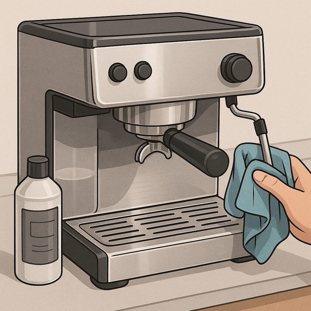 Hand cleaning a stainless steel espresso machine with a cloth, next to a bottle of cleaning solution