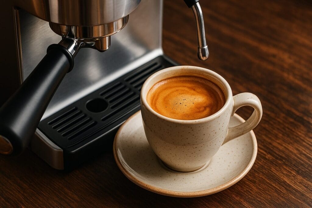 Freshly brewed coffee pouring from an espresso machine into a ceramic cup