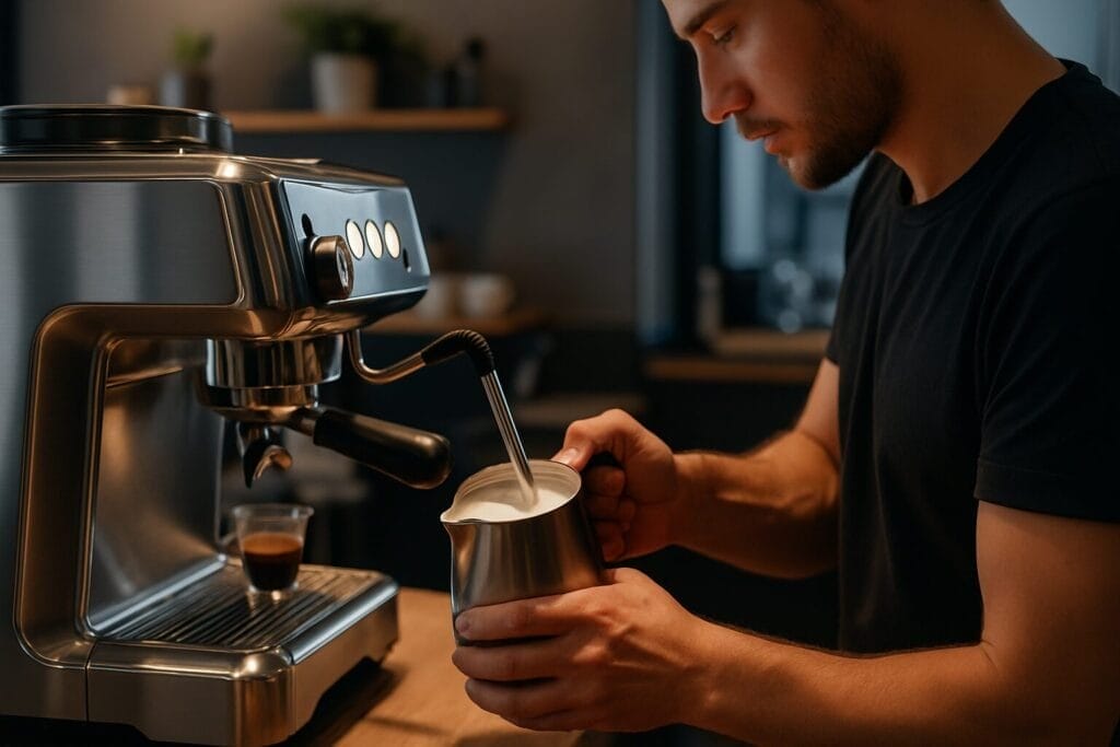Man steaming milk with an espresso machine