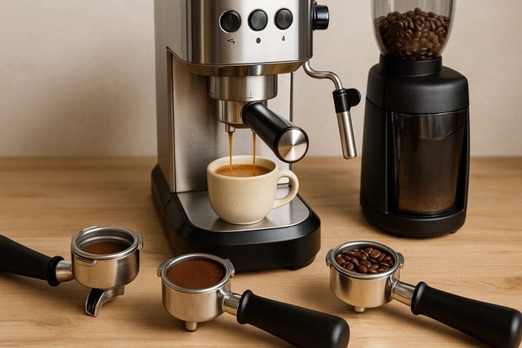 Espresso machine brewing coffee with portafilters and grinder on wooden counter