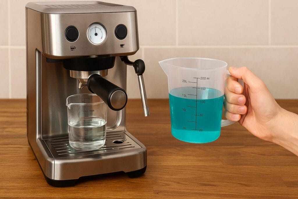 Espresso machine being descaled with measuring cup of descaling solution