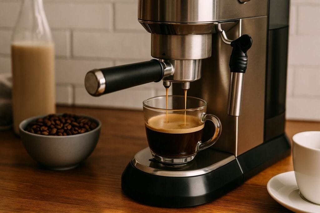 Espresso machine brewing coffee in home kitchen with beans and milk nearby