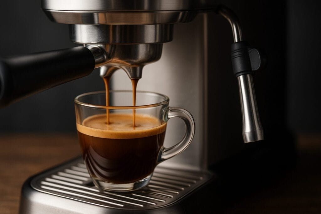 Espresso machine brewing coffee on a kitchen counter in natural lighting