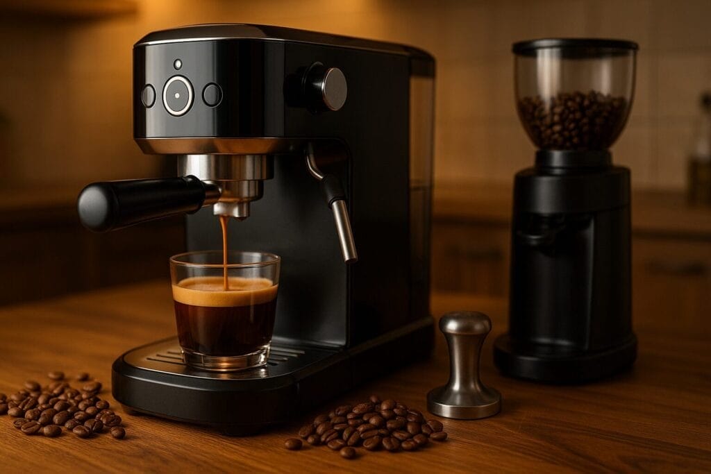 Espresso machine brewing coffee with beans and tamper on counter