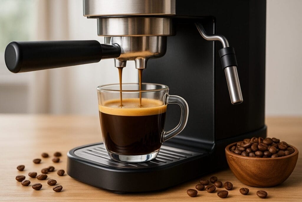 Espresso machine brewing shot into glass cup with coffee beans nearby