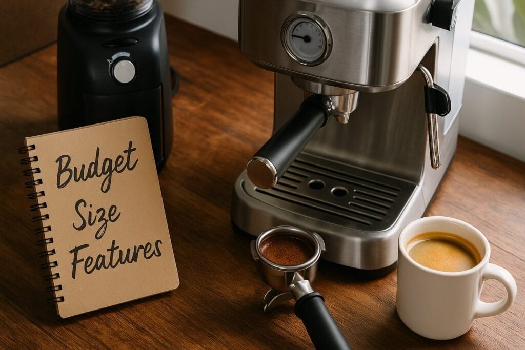 Espresso machine setup with checklist notebook, coffee cup, and grinder on wooden counter