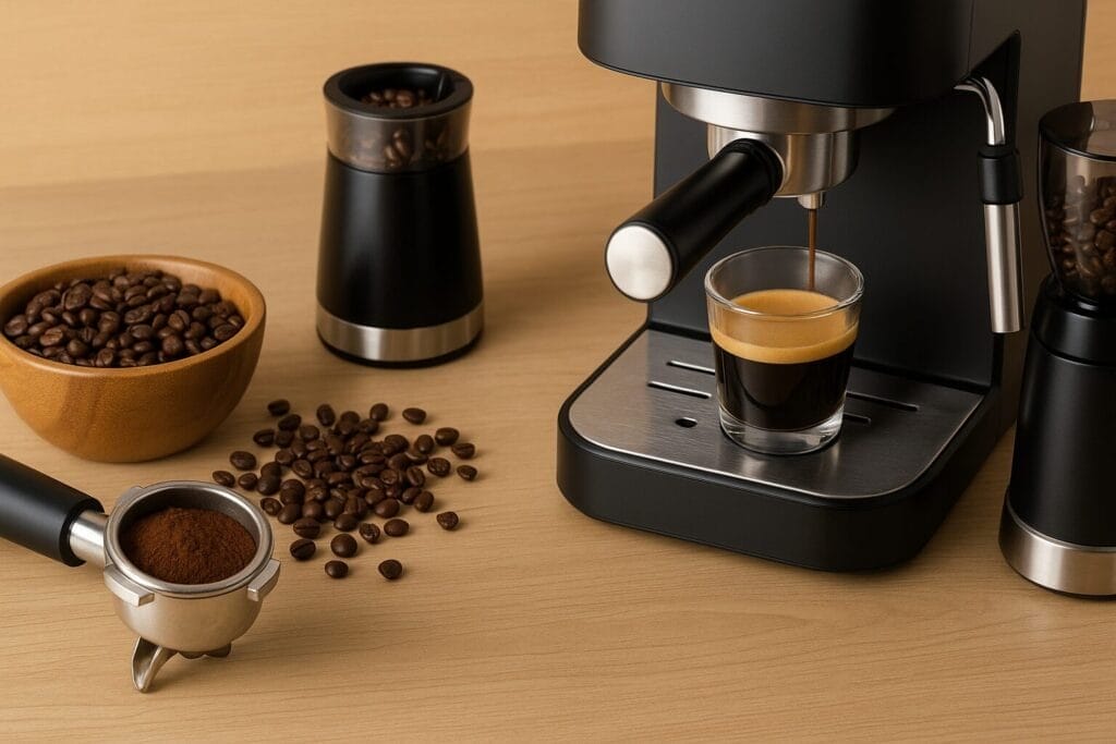 Espresso machine with coffee beans and accessories on wooden counter