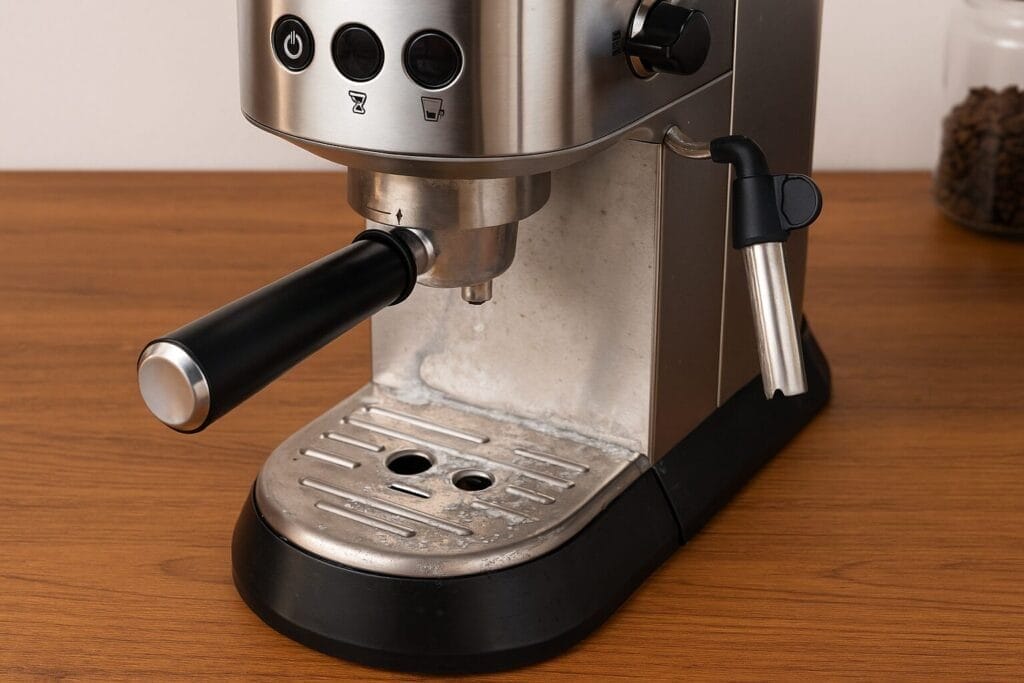 Espresso machine with visible limescale buildup and stains on drip tray and group head