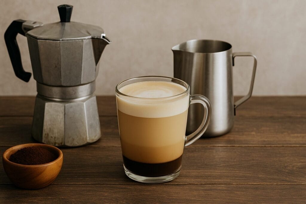 Homemade café latte with moka pot and milk frother on wooden table