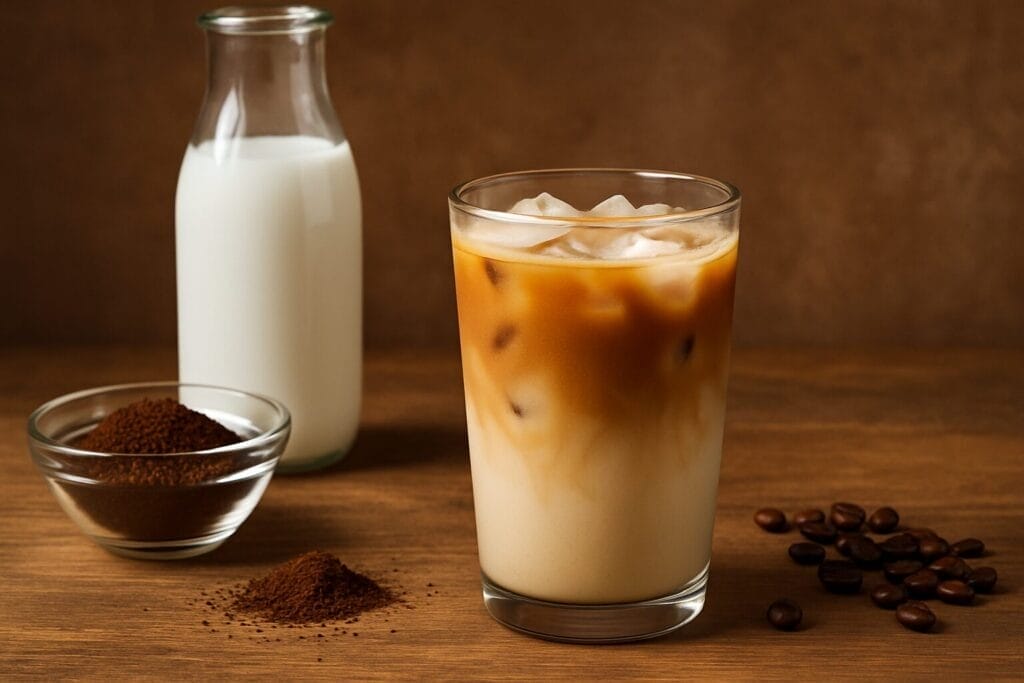 Iced café latte in a clear glass with ice cubes, milk bottle, and coffee grounds on a wooden surface