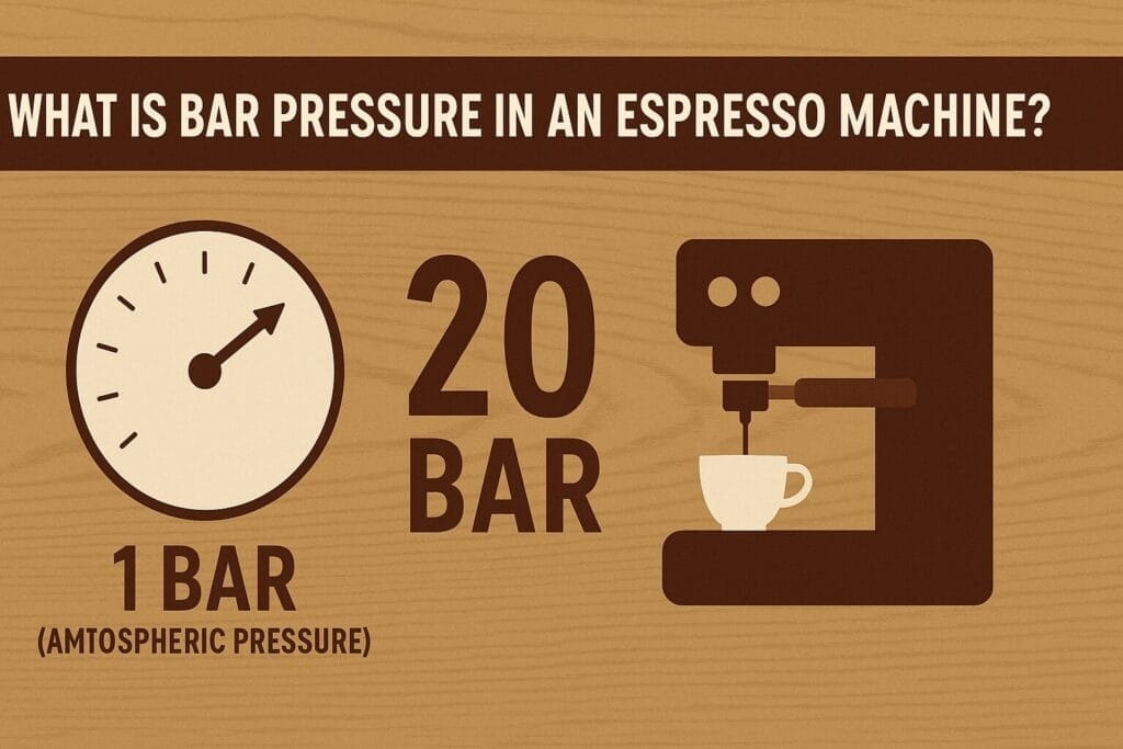 Infographic showing espresso machine with 1 bar and 20 bar pressure gauge