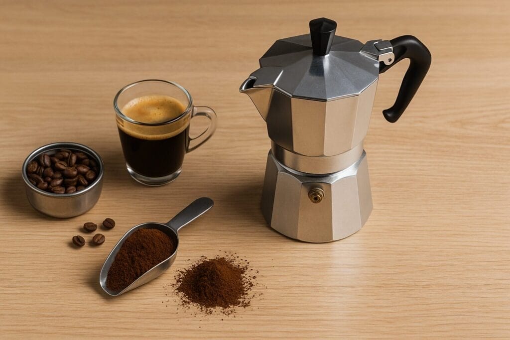 Moka pot with espresso, ground coffee, and beans on a wooden surface