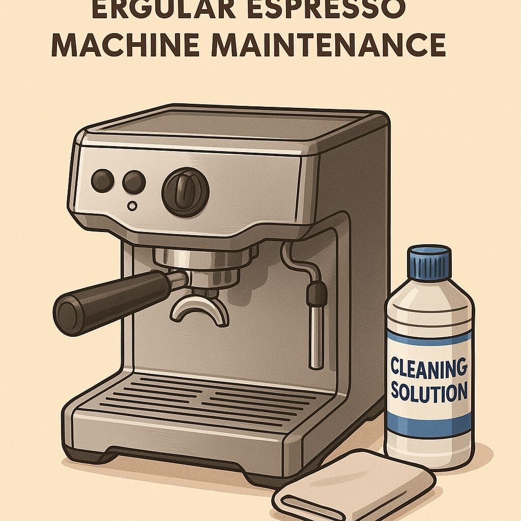 Stainless steel espresso machine with cleaning solution and cloth, illustrating the importance of regular maintenance