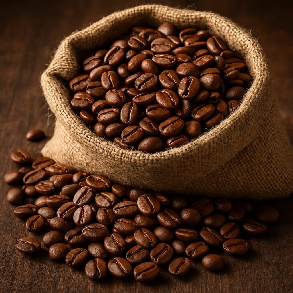 Burlap sack overflowing with high-quality roasted coffee beans on a wooden surface.