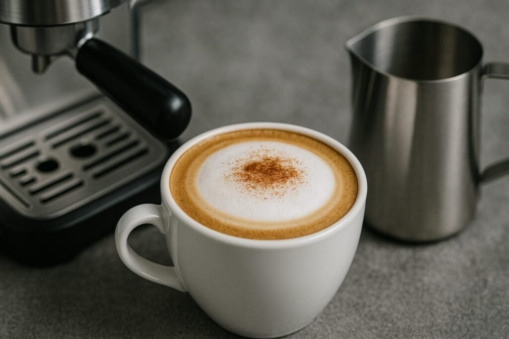 Cappuccino with foam and cinnamon near espresso machine