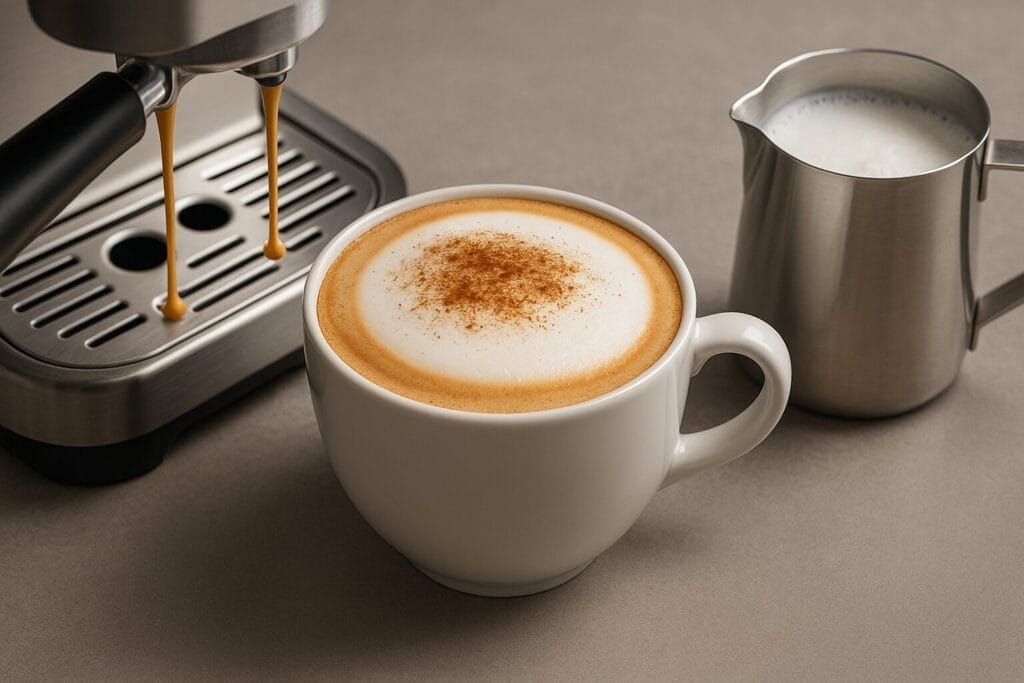 Cappuccino with foam beside espresso machine and milk pitcher