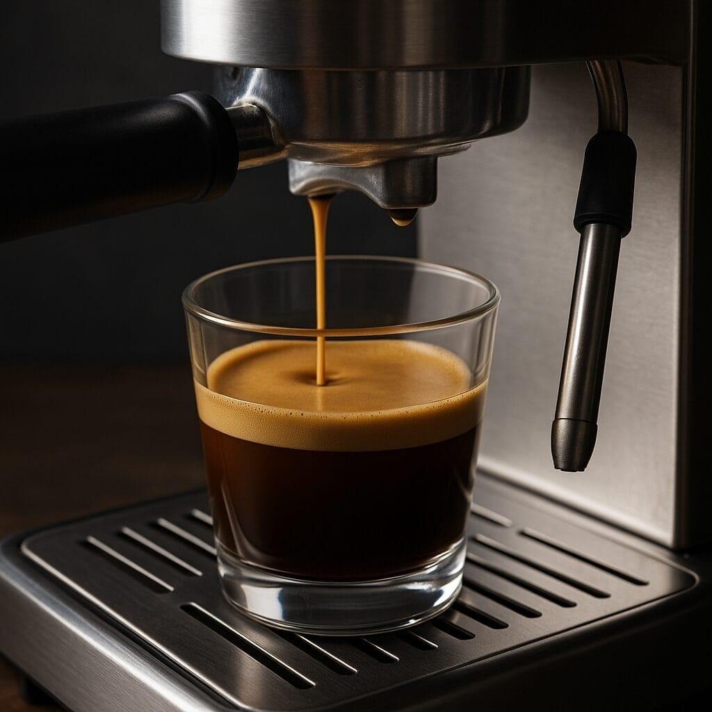 Close-up of espresso pouring from a machine into a glass cup with rich crema on top