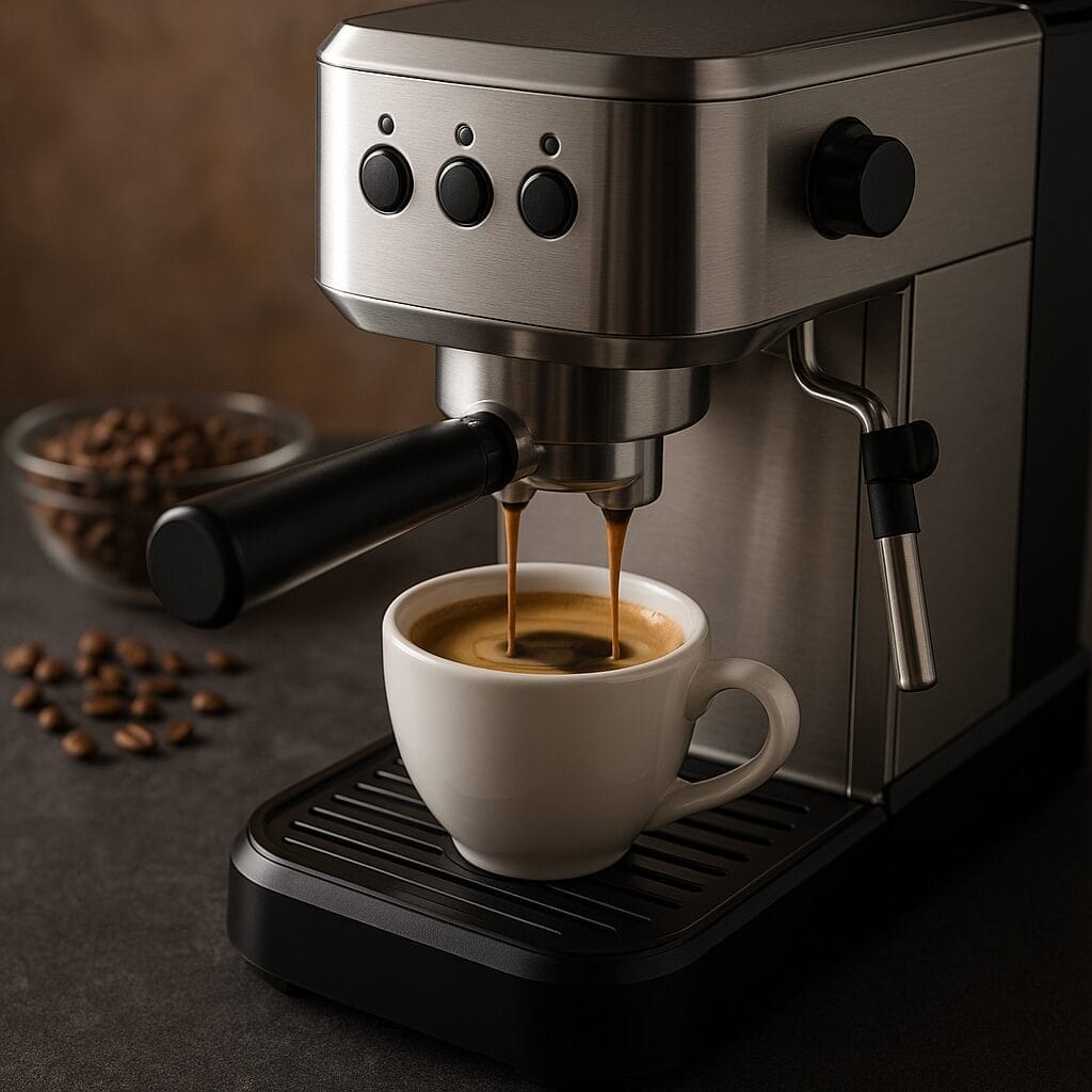 Espresso machine brewing coffee into a white cup with coffee beans in the background