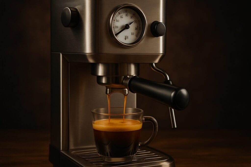 Espresso machine brewing into glass cup