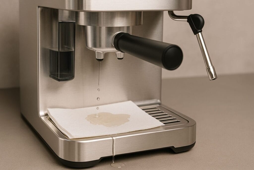 Espresso machine dripping water onto a paper towel on the drip tray