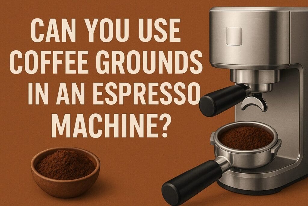 Espresso machine with portafilter and bowl of coffee grounds on brown background