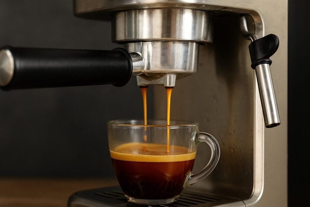 Espresso shot brewing from a semi-automatic machine