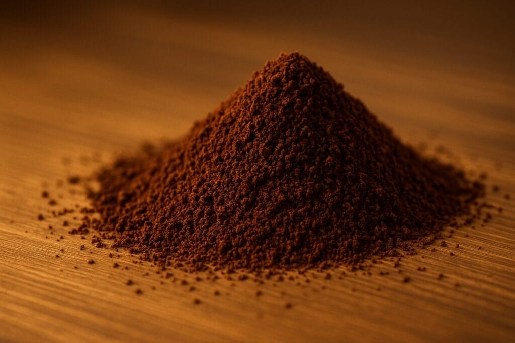 Ground-coffee-beans-in-a-bowl-on-a-wooden-table