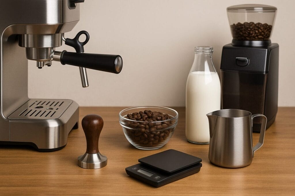 Latte-making tools and espresso machine on a counter