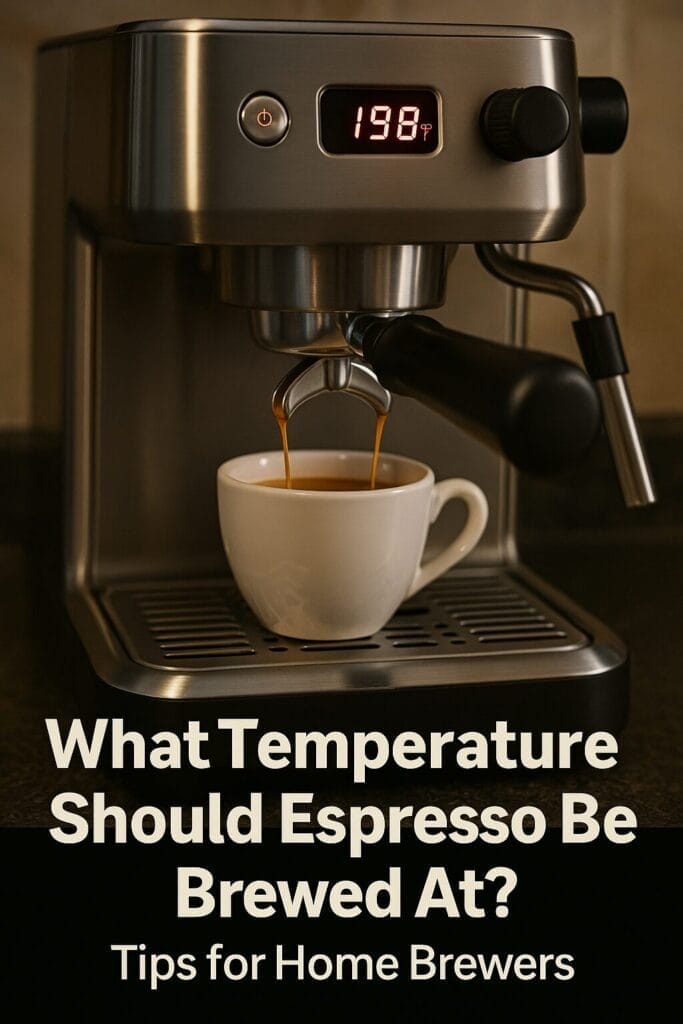 Stainless steel home espresso machine on a kitchen counter brewing a shot into a ceramic cup with visible steam and soft natural lighting.