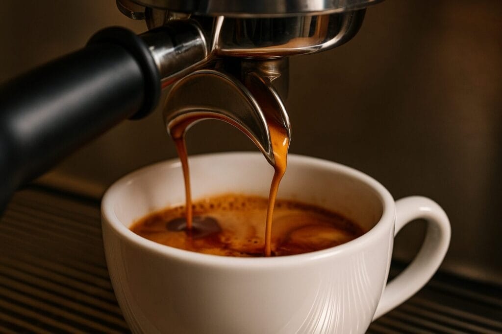 Uneven espresso pour with crema in white cup